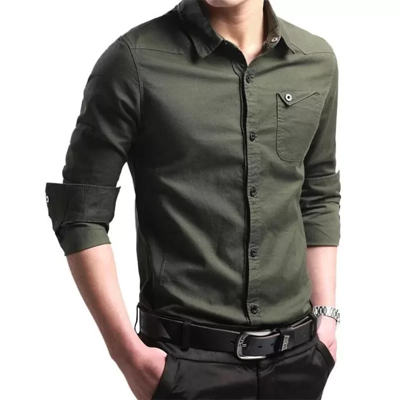

Long Sleeve Vintage Tops Spring Autumn Social Dress Shirts Men's Casual Military Cotton Shirt Green Slim Fit Pocket