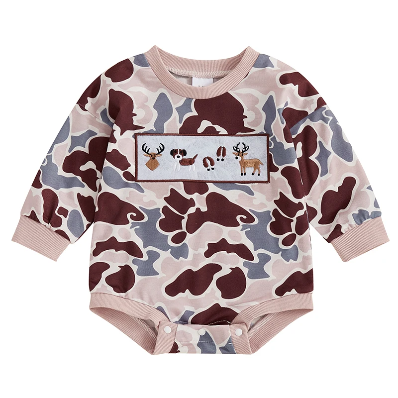 Baby Boy Sweatshirt Romper Casual Animal Embroidery Camouflage Print Long Sleeve Jumpsuit for Infant Toddler Fall Outfit