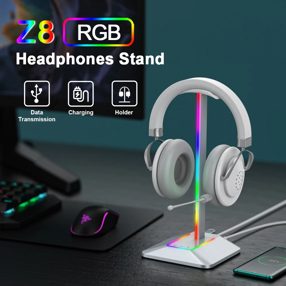 RGB Lights Z8 Headphone Stand With Type-C USB Dual Monitor Stand Holder Headphones For All Headsets Gamers PC Accessories Desk