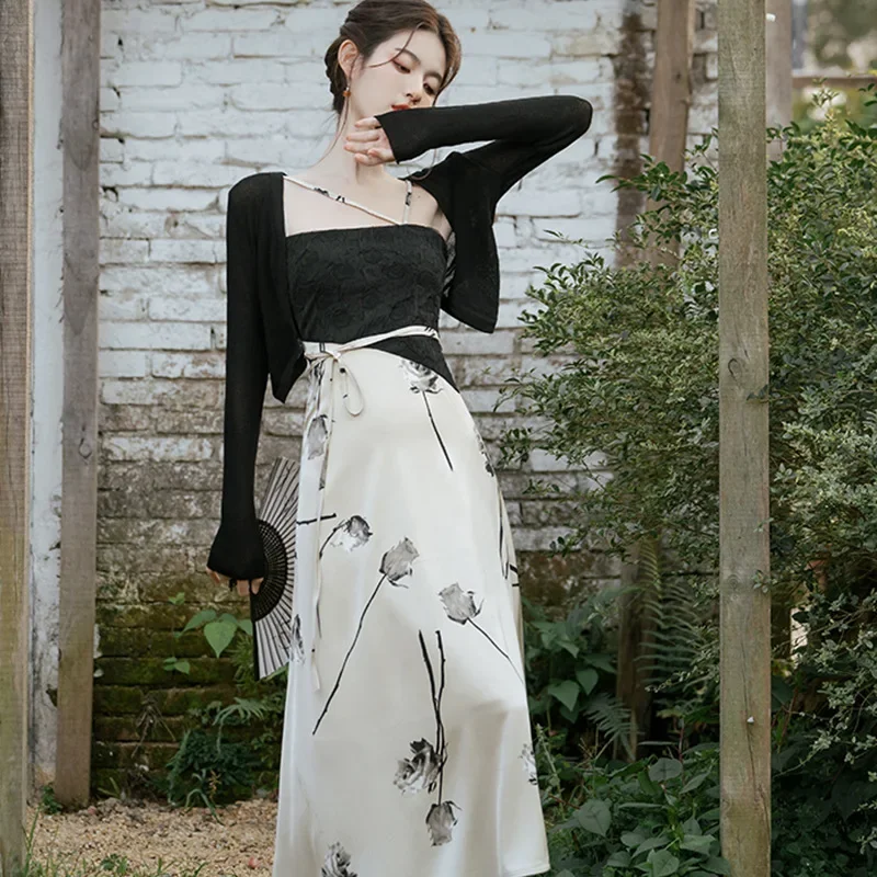 

Chinese style ink print slip dress and cardigan two-piece set for women Literary retro