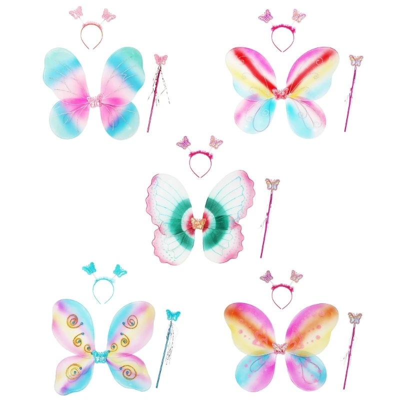 

Q0KE Wings with Wand and Headbands Colorful Angel Wings Dress Up Fairy-Wings for Halloween Costume Dress Up Party