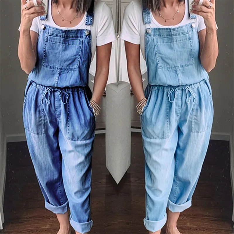 

Spring Autumn Thin Loose Casual Womens Denim Jumpsuit Lace Up Elastic Waist Overalls Solid Color Wide Leg Trousers Bodysuit