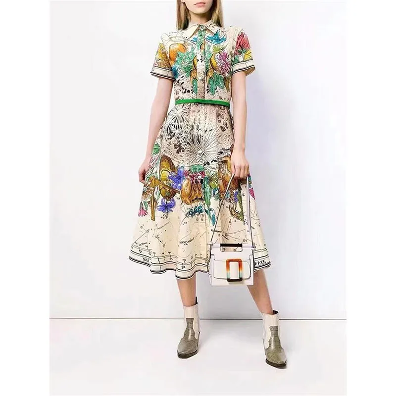 Women Dress High Quality 2022 Summer Runway Turn-Down Collar Short Sleeves Print Elegant Shirt Dresses NP1854C