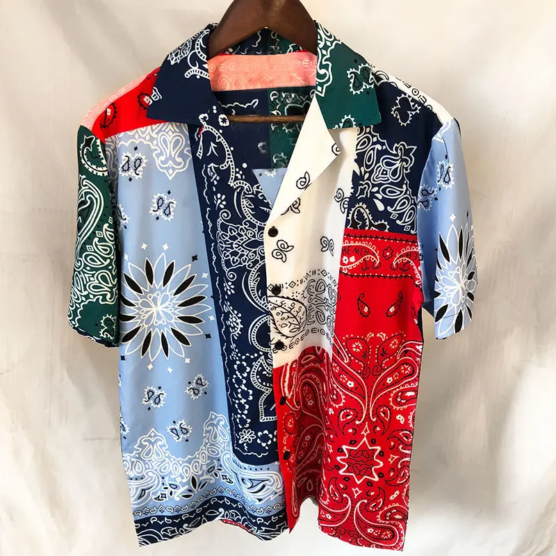 Летняя Пляжная рубашка в стиле хип-хоп, повседневные праздничные топы, мужские Гавайские рубашки, уличная одежда, винтажная Этническая рубашка в стиле пэчворк с цветочным принтом кешью