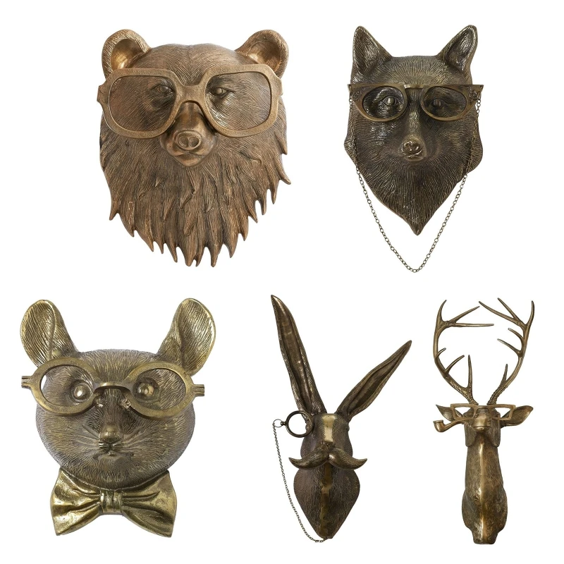 

XX9B Nordic Bronzed Resin Animal Head Sculpture with Glasses Wall Mounted Bear Fox Mouse Statue Figurine Hanging Pendant Home