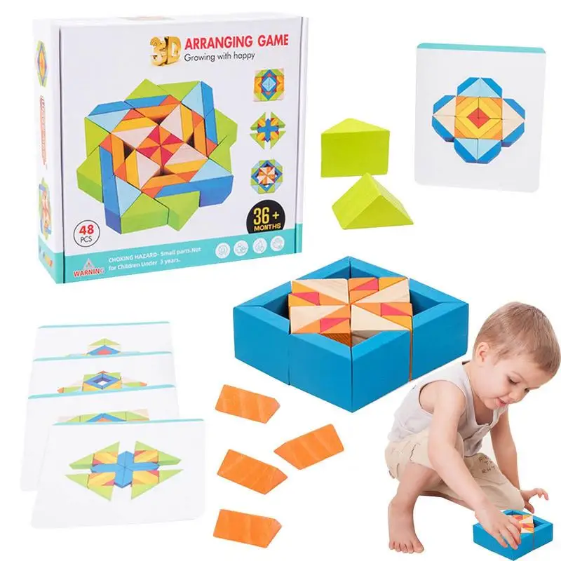 

Wooden Pattern Blocks 3D Modeling Wood Pattern Blocks 48 Pcs Wooden Pattern Puzzle With 10 Double-sided Design Cards Colored 3D