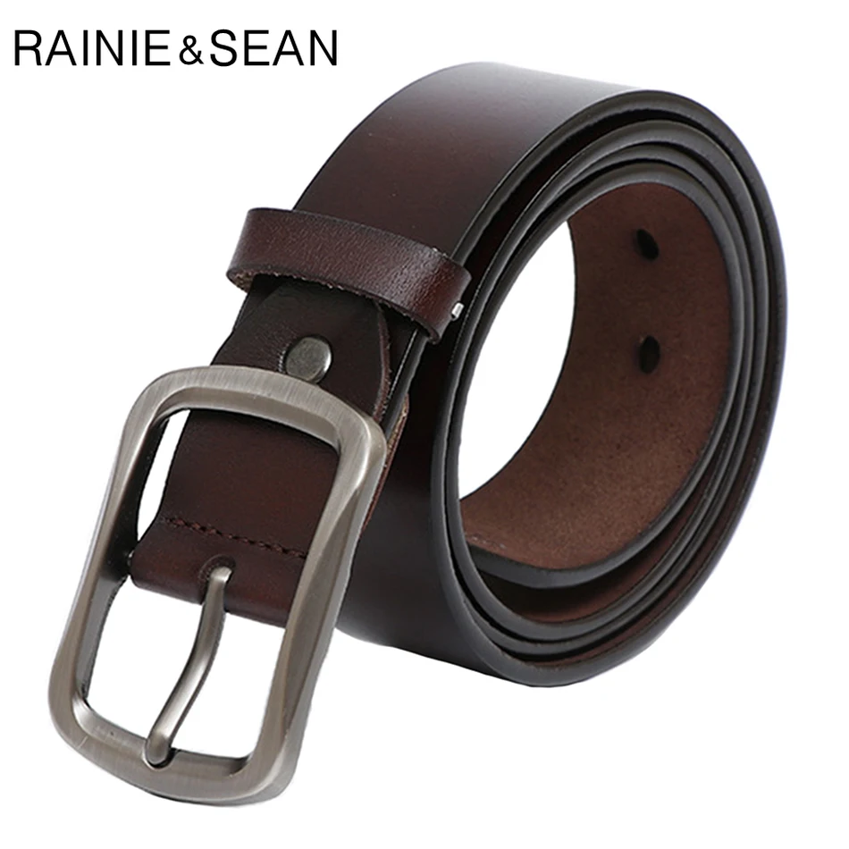 RAINIE SEAN Pin Buckle Belt For Trousers Vintage Real Leather Belt Coffee Waist Genuine Leather Cowhide Retro Jeans Belts 130cm