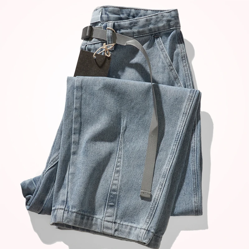 American Heavy washed Vintage light blue jeans men's Japanese fashion brand loose straight wide leg pants fashion