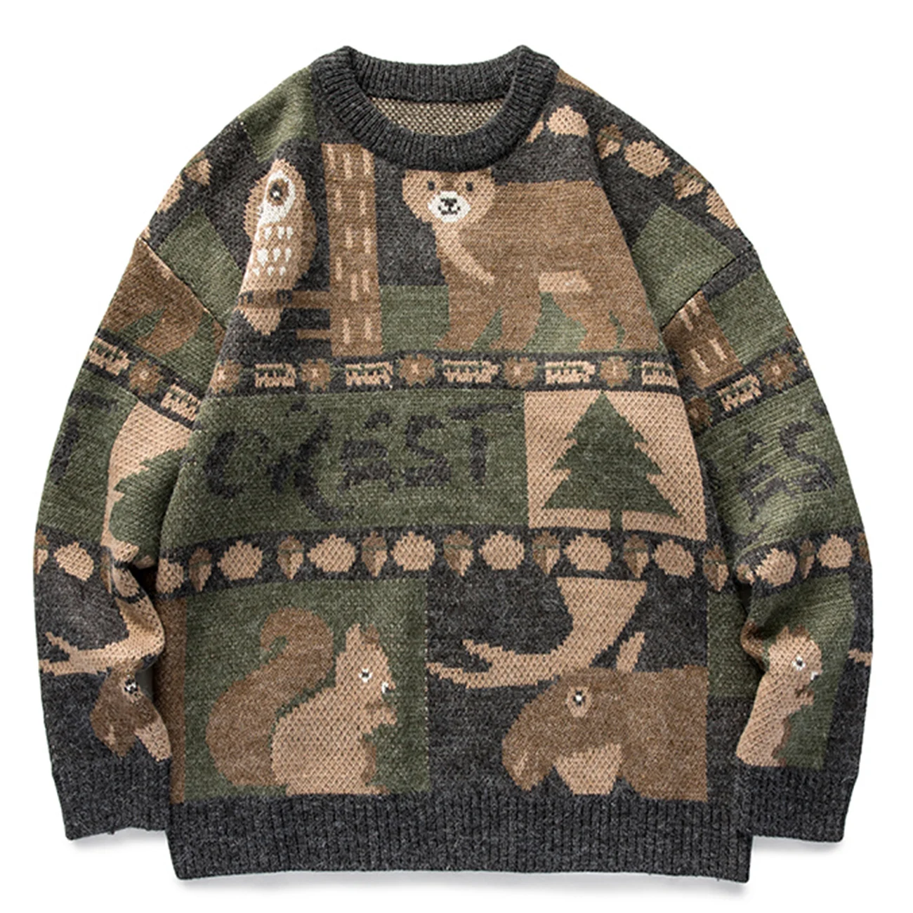 

Hip Hop Streetwear Knitted Sweater Men Owl Bear Cartoon Pattern Sweater Harajuku Vintage Autumn Winter Sweater Pullover