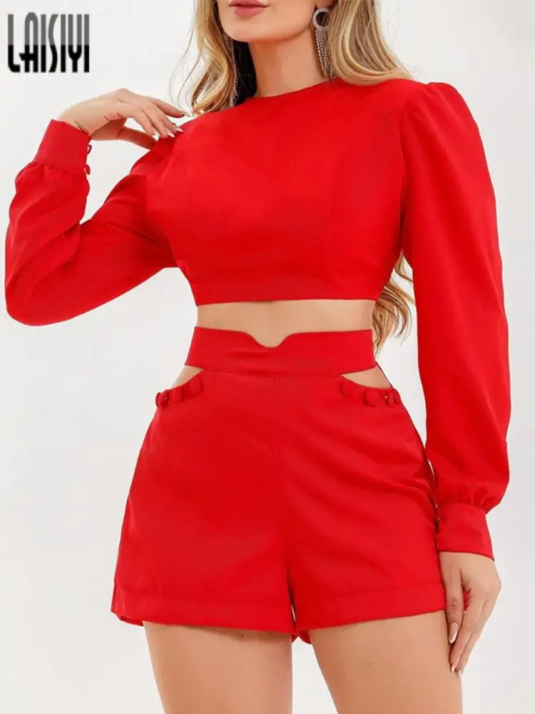 

LAISIYI Women Casual 2 Piece Suits Long Sleeve Crop Top Hollow Out Shorts Outfits Spring Summer Matching Sets Fashion Tracksuits