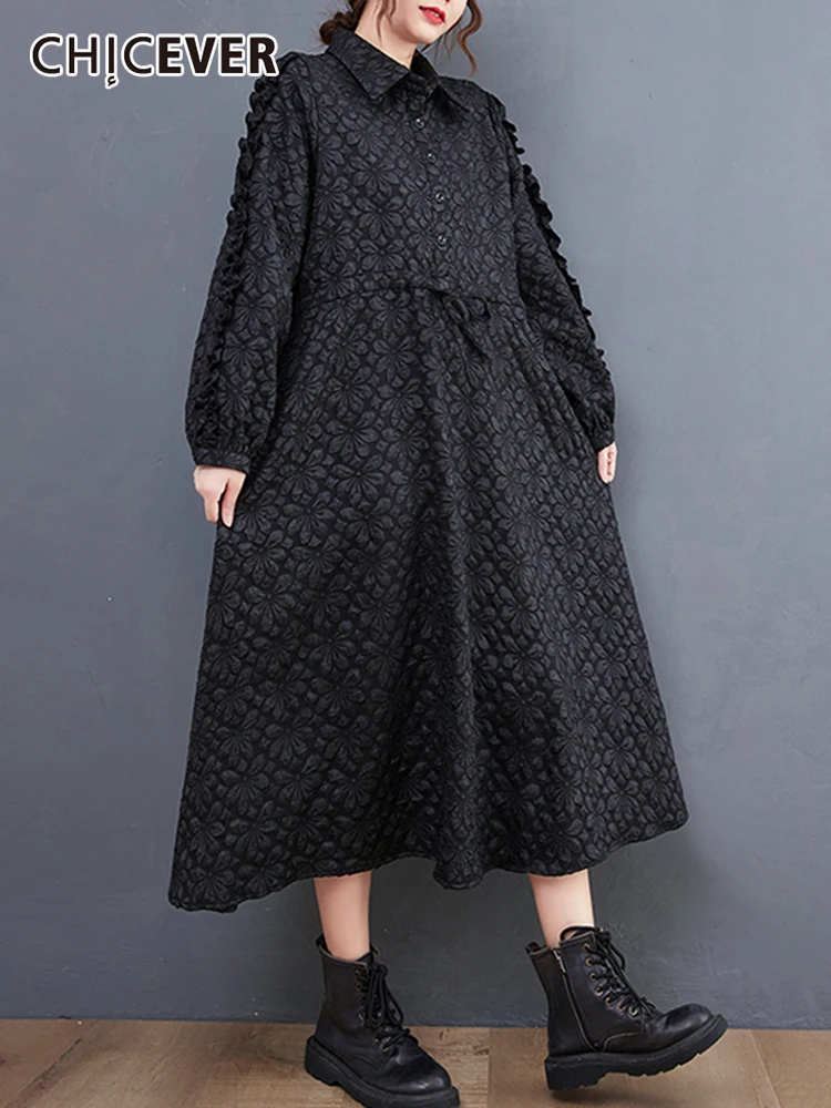

CHICEVER Plain Dress For Women Lapel Long Sleeve High Waist Shirring Button Loose Midi Dresses Female 2022 Spring Clothing Style