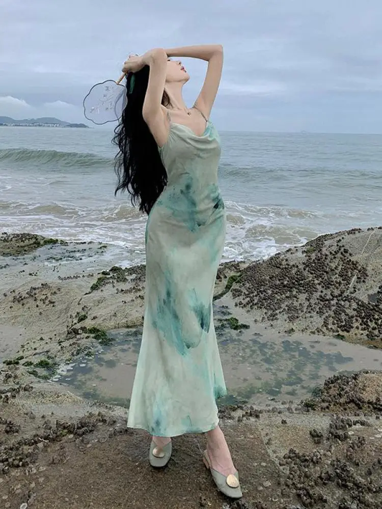 

Summer Fashion Elegant Backless Green Print Slip Dress Female Long Sexy Evening Party Vacation Pleated Dresses Chic Boho Vintage