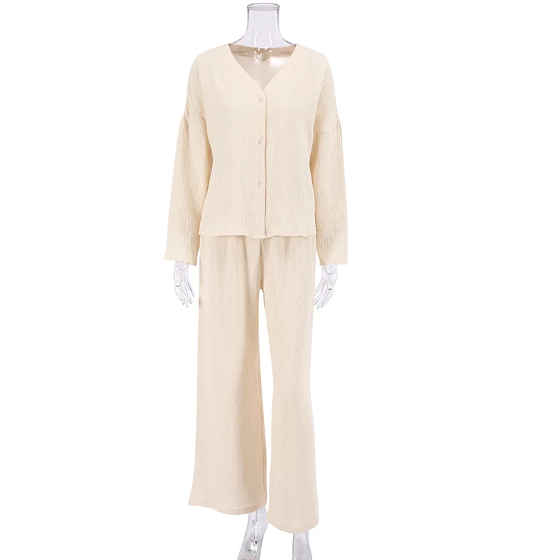 6 Color Cotton Sleepwear V Neck Single Breasted Wide Leg Pants Trouser Suits Long Sleeves Pajama Sets Woman 2 Pieces Loungewear