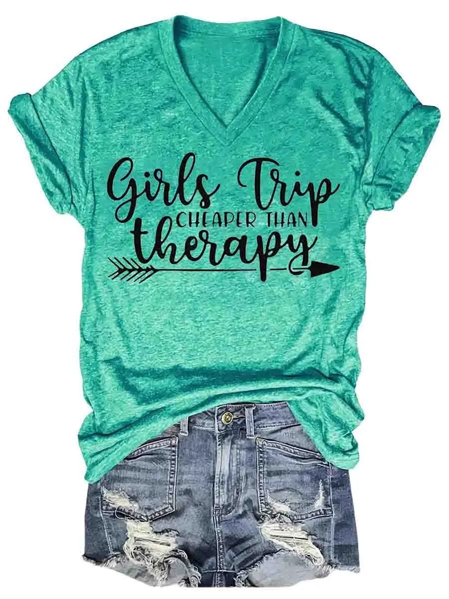 Lovessales Womens Girls Trip Therapy V-Neck Short Sleeve 100% Cotton T-shirt