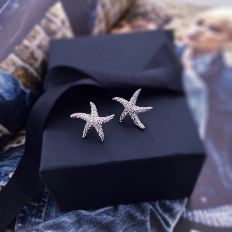 Personality Micro-inlaid Diamond Starfish Earrings Simple Japanese and Korean Temperament Simple Style Earrings