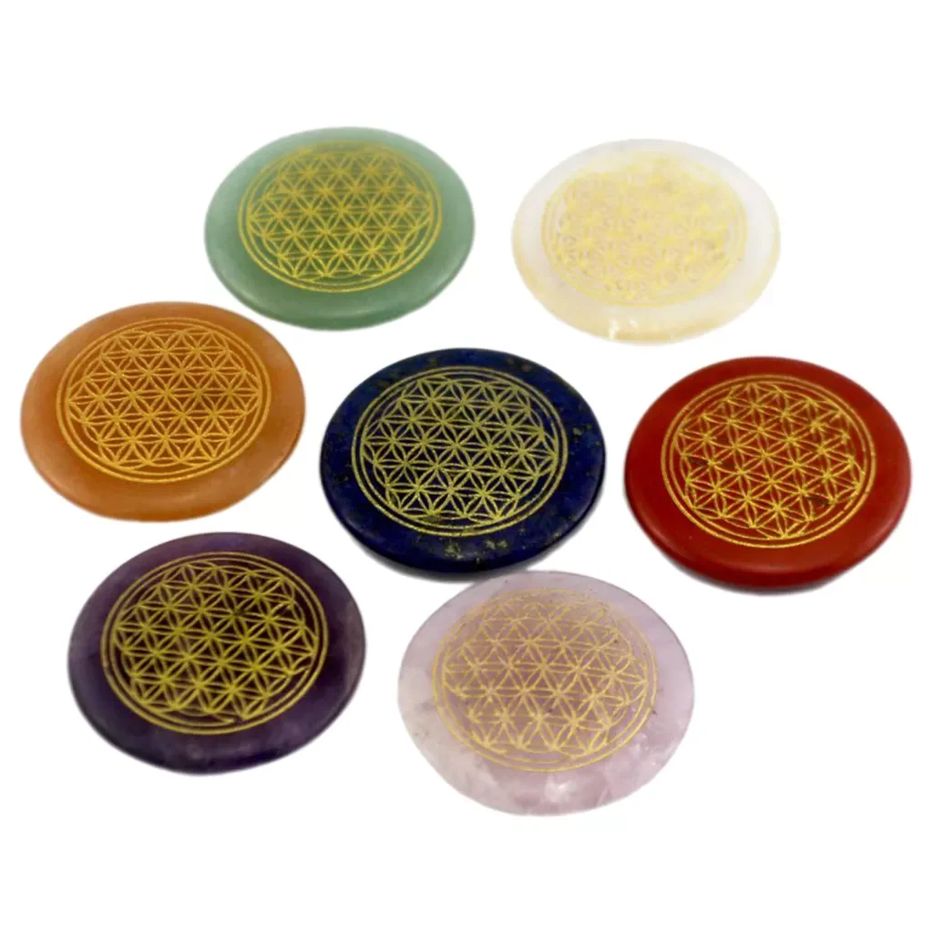 

7 pieces Reiki Stone Natural Crystal Palm Stone Pocket Stone Polished Engraved Life Flower Crystal
