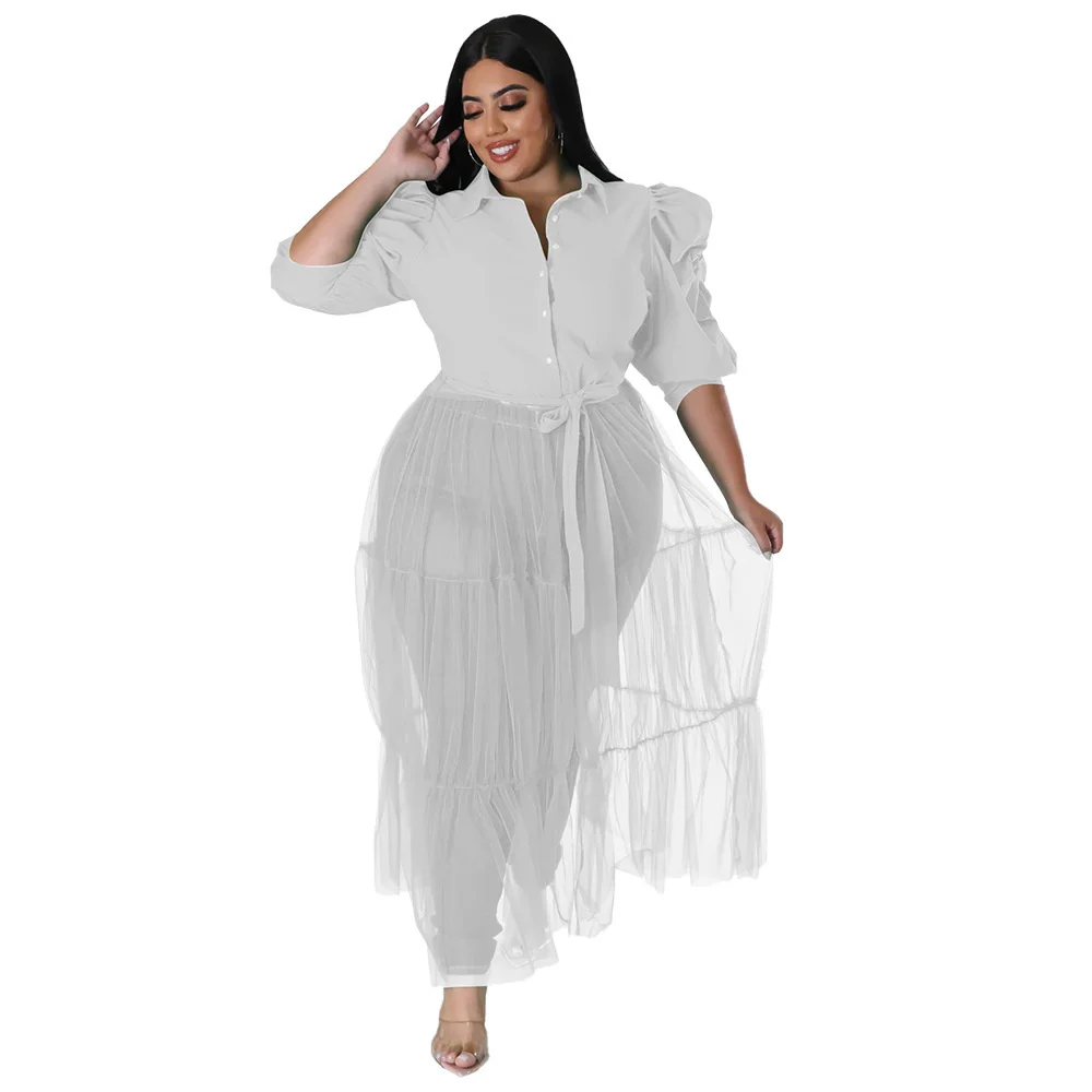Plus Size Summer Fashion Women Mesh Shirt Dress Big Size Clothing Short Sleeves Belt Turn Down Neck Bu 3xl 4xl 5xl 6xl