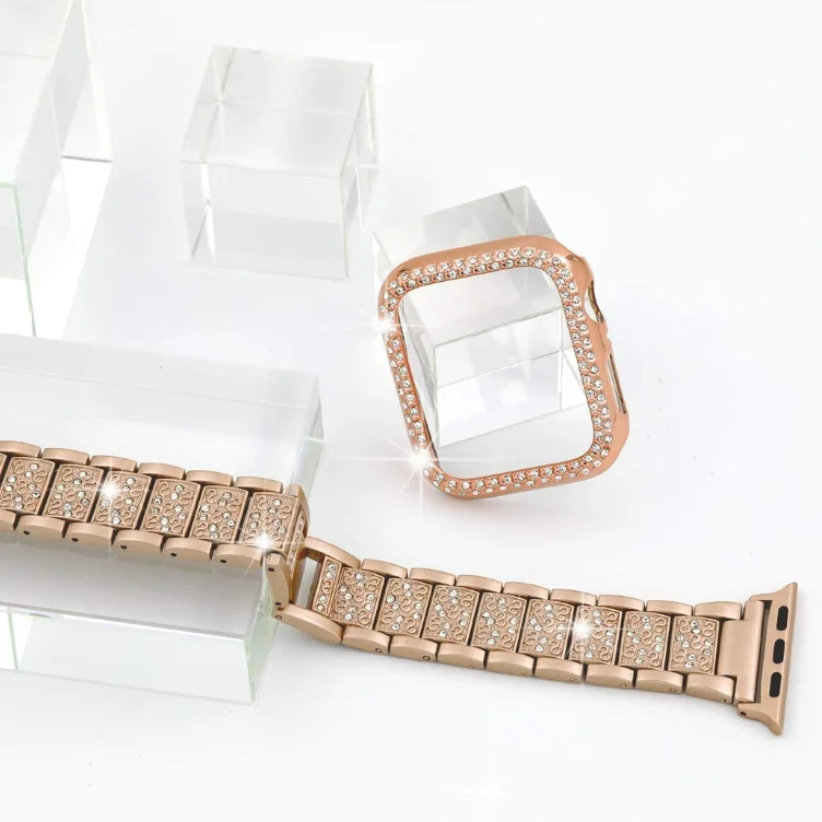 Strap+Case for Apple Watch Band 45/4244mm 38/40/41mm Women Metal Strap+ Diamond Protective Case For iWatch Series 7 6 4 5 3 2 SE