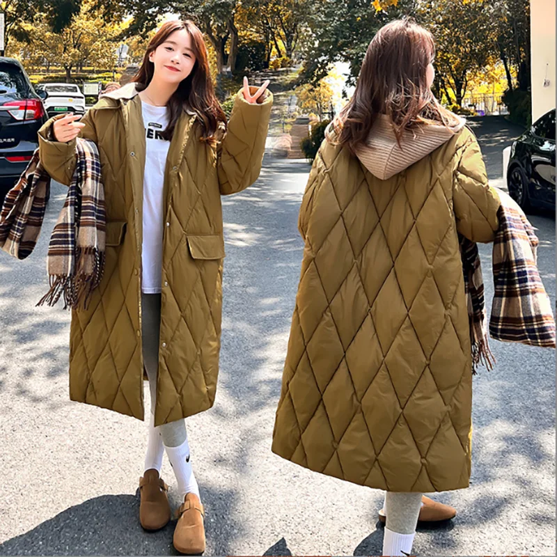 

Пальто из хлопка, съемная шапка, новинка зима 2023, вязаная шапка с кукольным воротником, длинный пуховик из хлопка, розовая, коричневая, черная, белая куртка