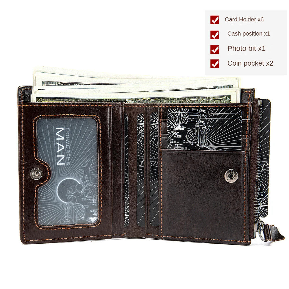 Men's Leather Wallets Men Money Bags Retro Casual Vertical Top Layer Cowhide Dollar Clip Credit Card Holders Zipper Coin Purses