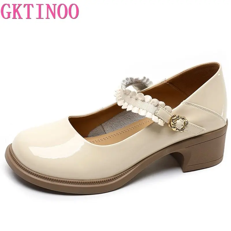 

GKTINOO 2023 Summer Autumn Women Patent Leather Cowhide New Mary Jane Shoes Thick-soled High Heels Buckle Strap Female Shoes