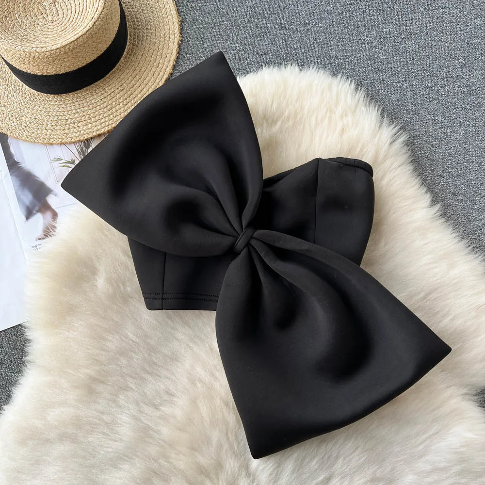 

2023 New Autumn Autumn Fashion Temperament Korea Solid Color Sexy Bow Wrapped Chest Women Tops Tide