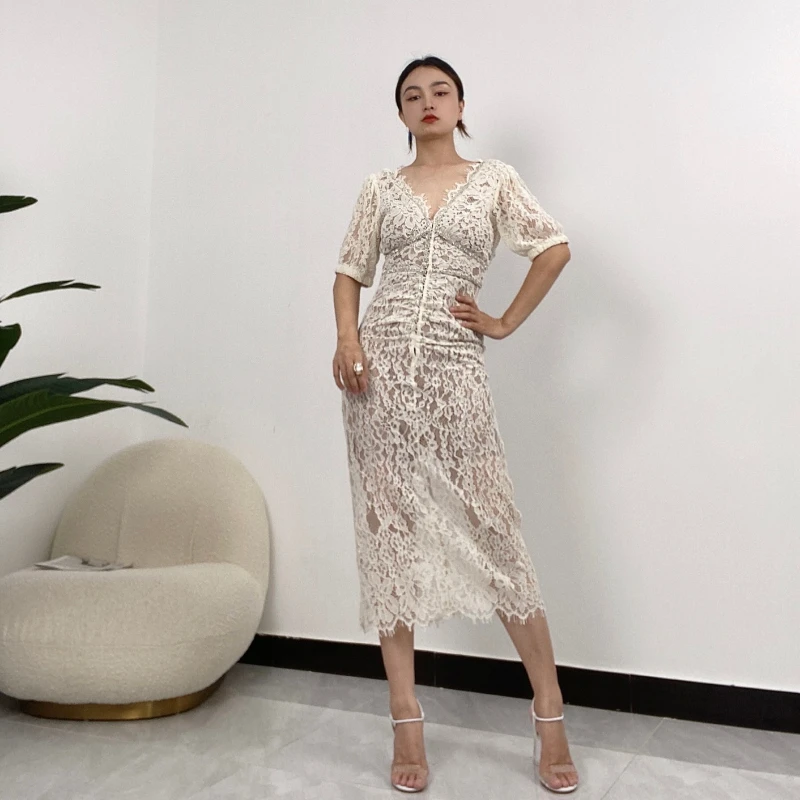 

Beige Lace Dresses High Quality Diamonds Deco See Through Bodycon Sexy Women Clothing