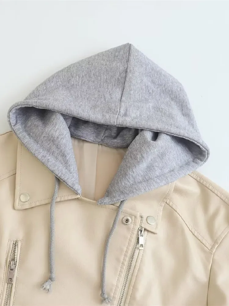 2022 Autumn Removable Hat Hooded Women Faux Leather Jacket Zipper Full Sleeve Pockets Casual Coat Beige Black