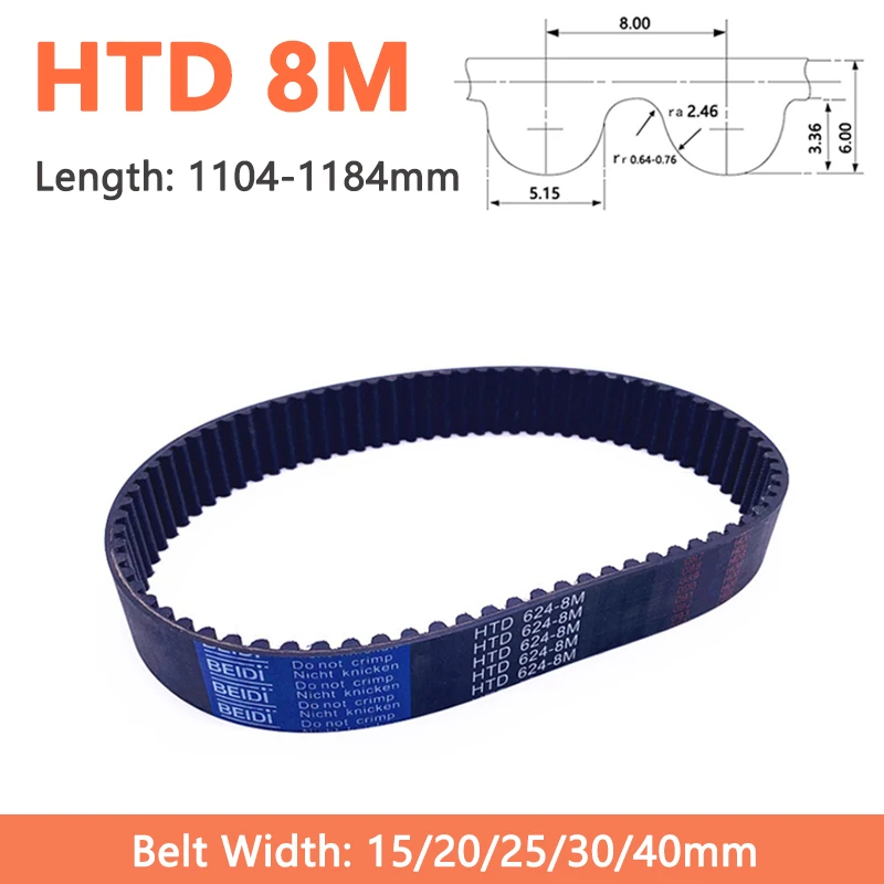 

1pc HTD8M Synchronous Timing Belt Width 15 20 25 30 40mm 8M Rubber Closed Loop Drive Belt Length 1104 1112 1120 1128 1136-1184mm