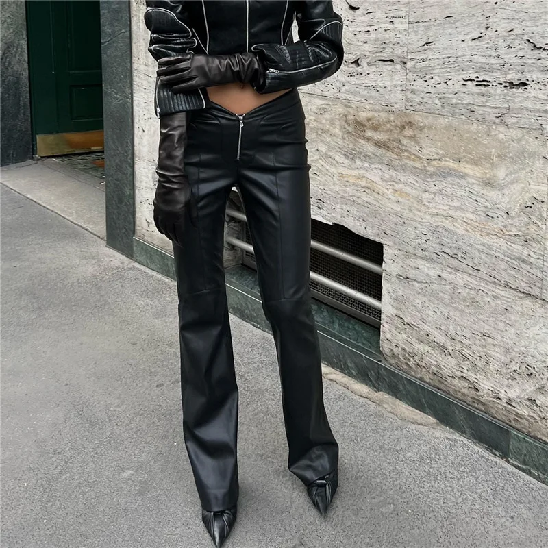 

Women's Y2k Clothes 2022 New In Winter Fashion Trend New High Waist Micro Flared Zipper Slim PU Leather Casual Parachute Pants