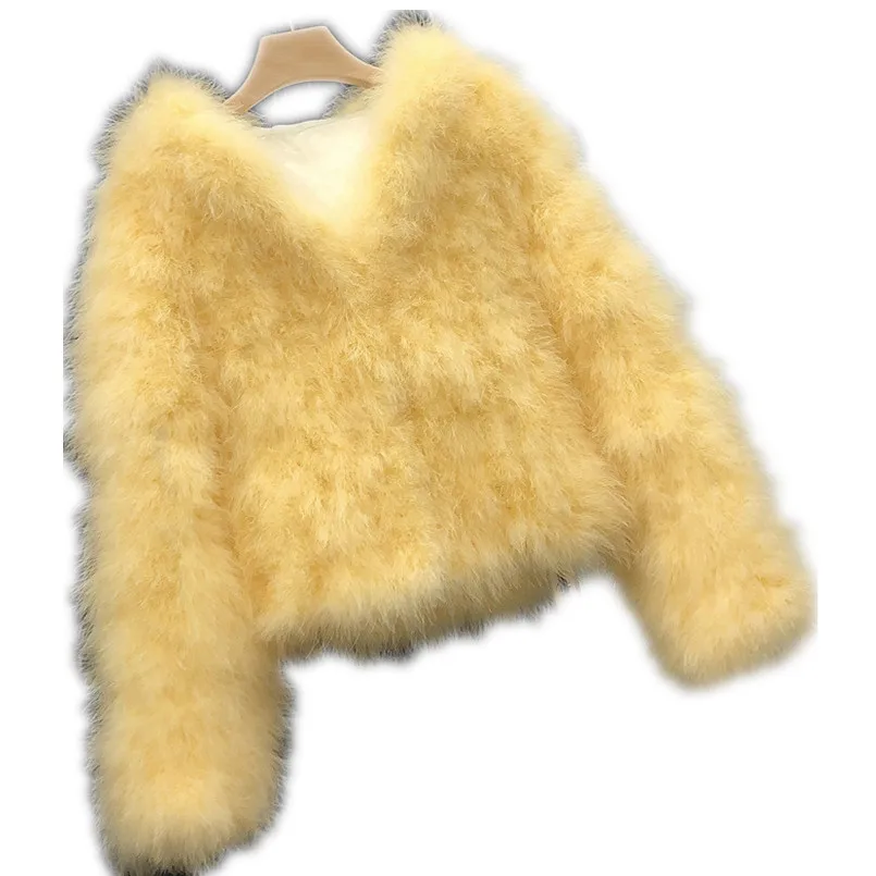 Women Natural Ostrich Fur Feather Crop Jacket with Hood Fluffy Coat for Wedding Party Festival Luxurious Bride Jacket