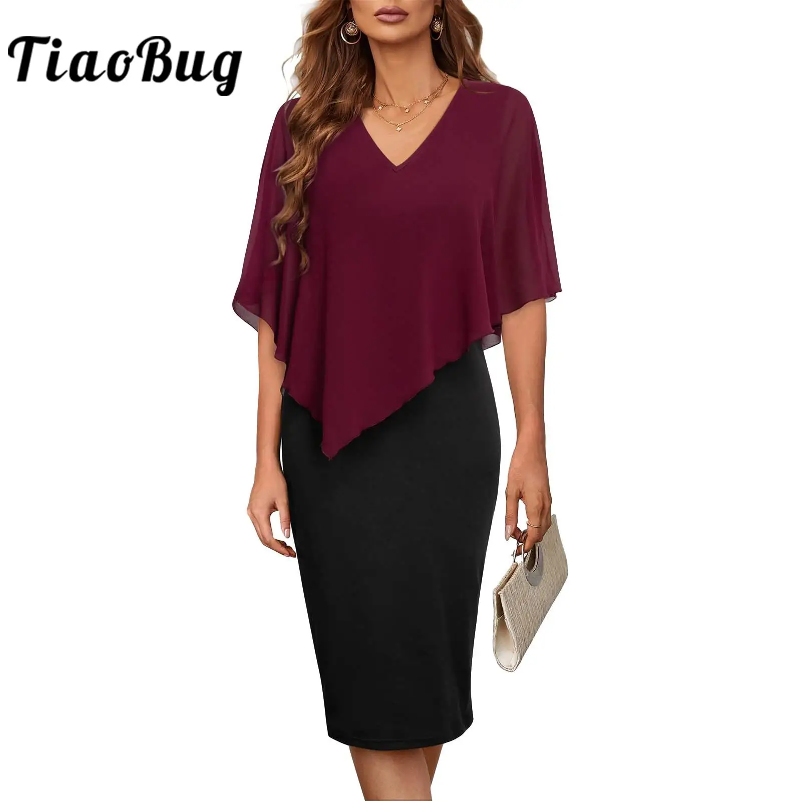 

Womens Elegant Slim Fit Pencil Dress V Neck Chiffon Overlay Bodycon Dress for Cocktail Party Evening Prom Gown Femme Dresses