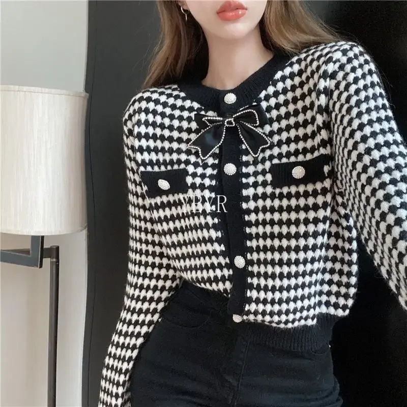 Трикотажный кардиган с круглым вырезом и бантом женский свитер цветными блоками