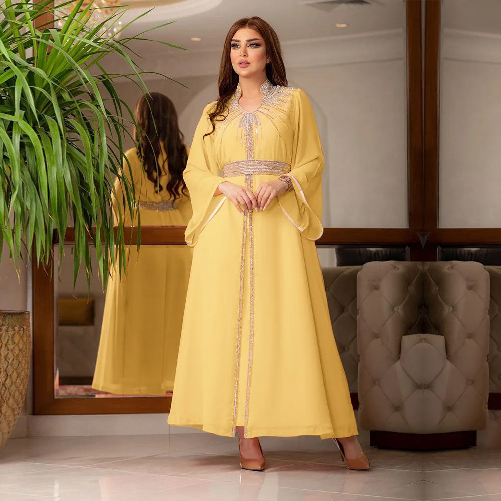 Women Spring Summer Muslim Fashion Middle East Turkey Seasonal Tempest Evening Dress Hot Diamond Belted Chiffon Dress Ramadan
