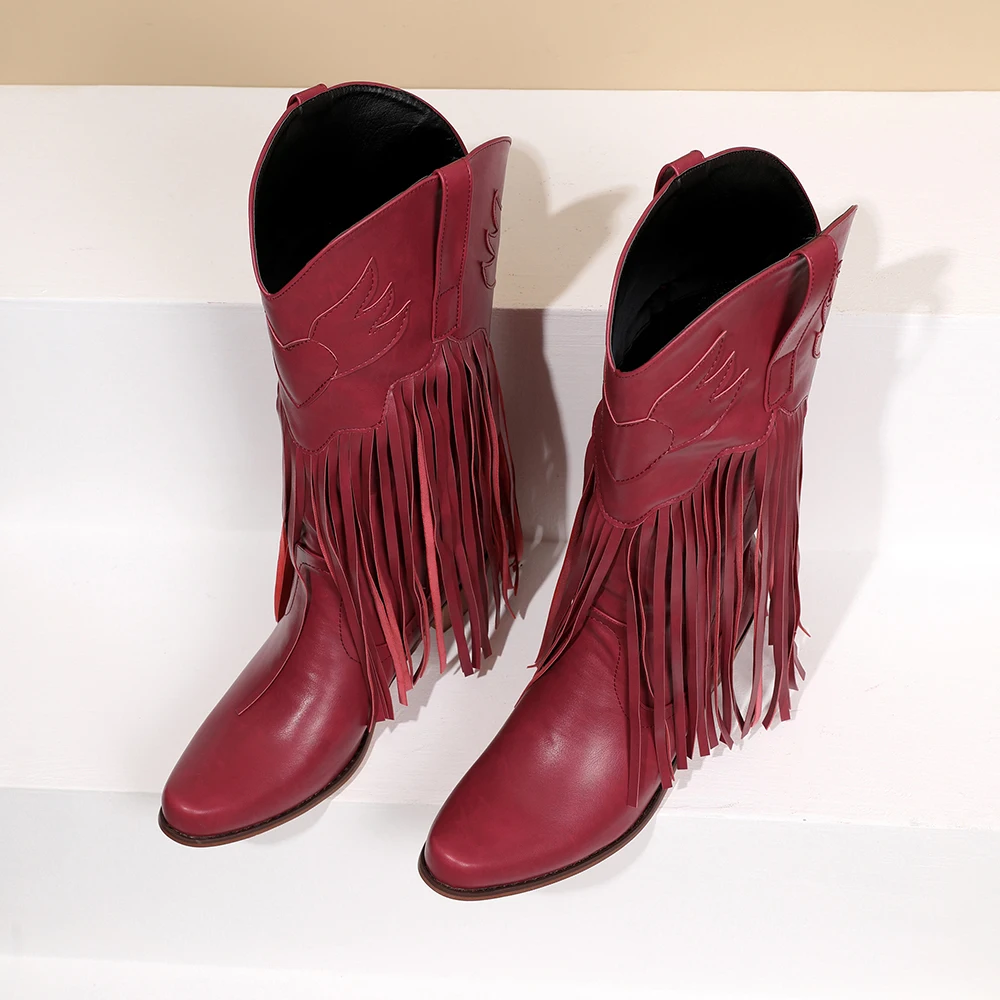 

Женские ковбойские ботинки до середины икры, кожаные ботинки в стиле ретро с кисточками и высоким западным носком, зимние ботинки на массивном каблуке, модная женская обувь