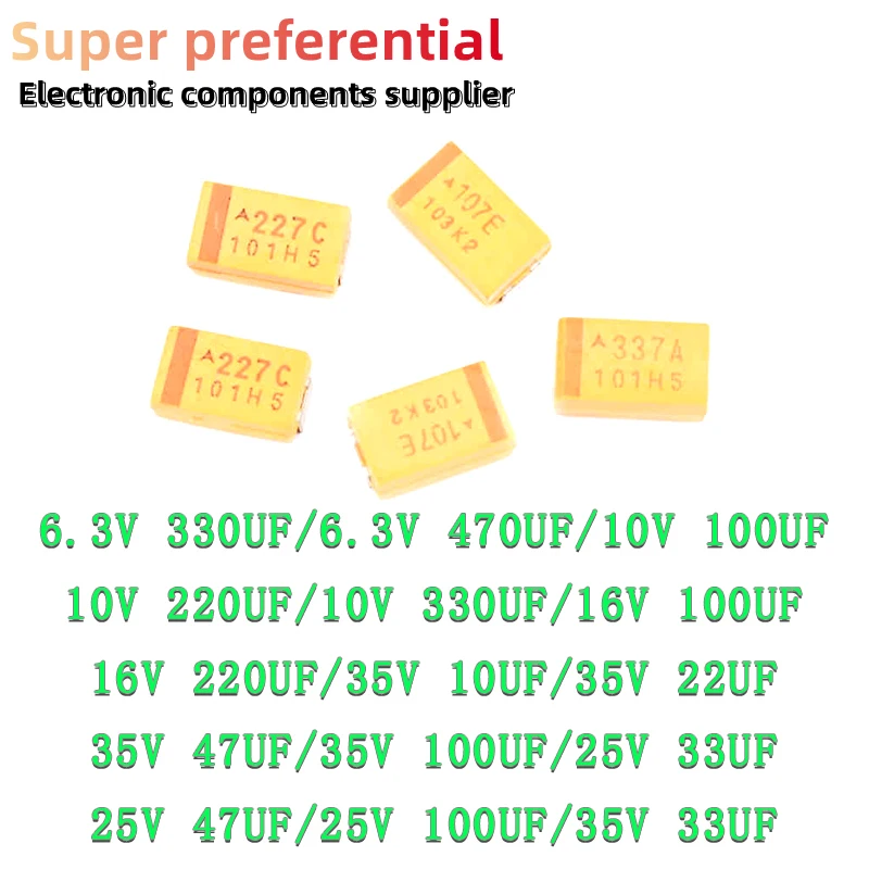 

10PCS 6V 6.3V 10V 16V 25V 35V 50V 10UF 22UF 33UF 47UF 100UF 220UF 330UF 470UF D Type SMD Tantalum Capacitor