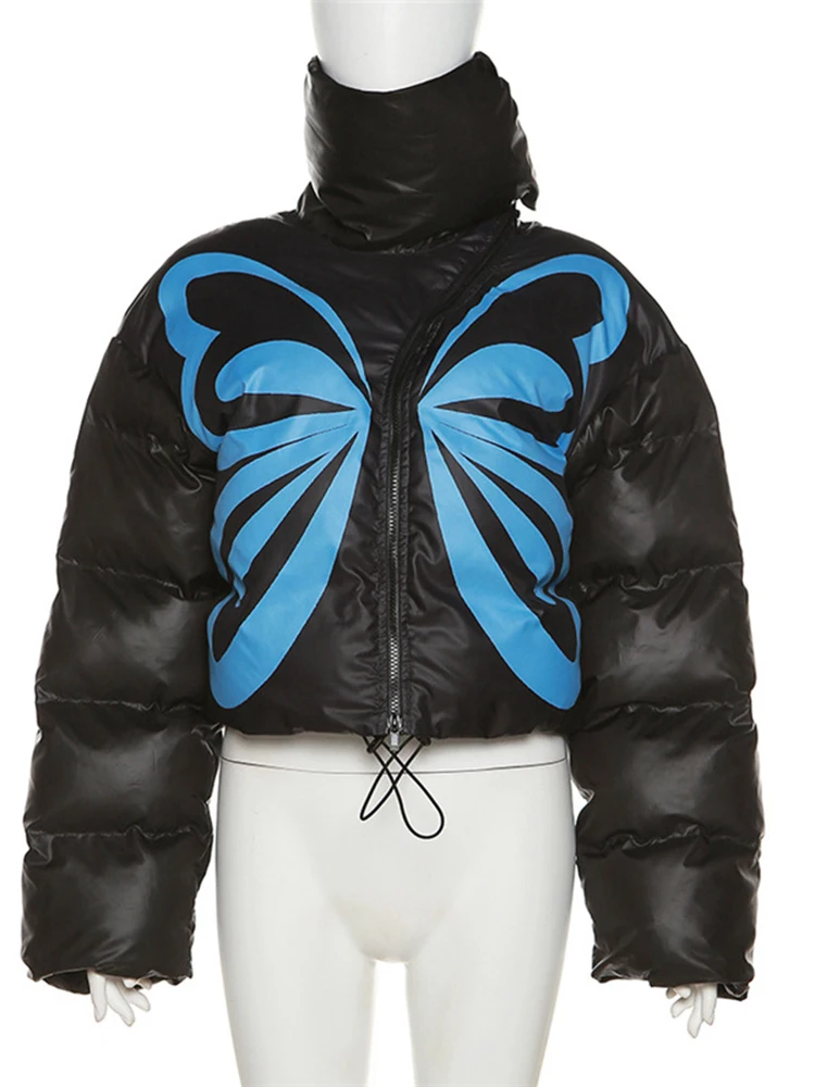 Sifreyr Butterfly Print Y2K Winter Parkas Women Fashion Zipper Stand Collar Puffer Jacket Coats Female Cotton-Padded Outerwear