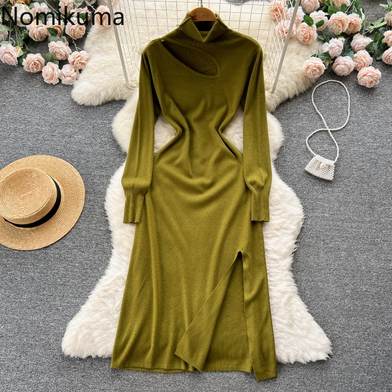 

Nomikuma платья для женщин 2022 Осень Зима Водолазка с вырезами трикотажные платья для женщин ретро модные женские платья