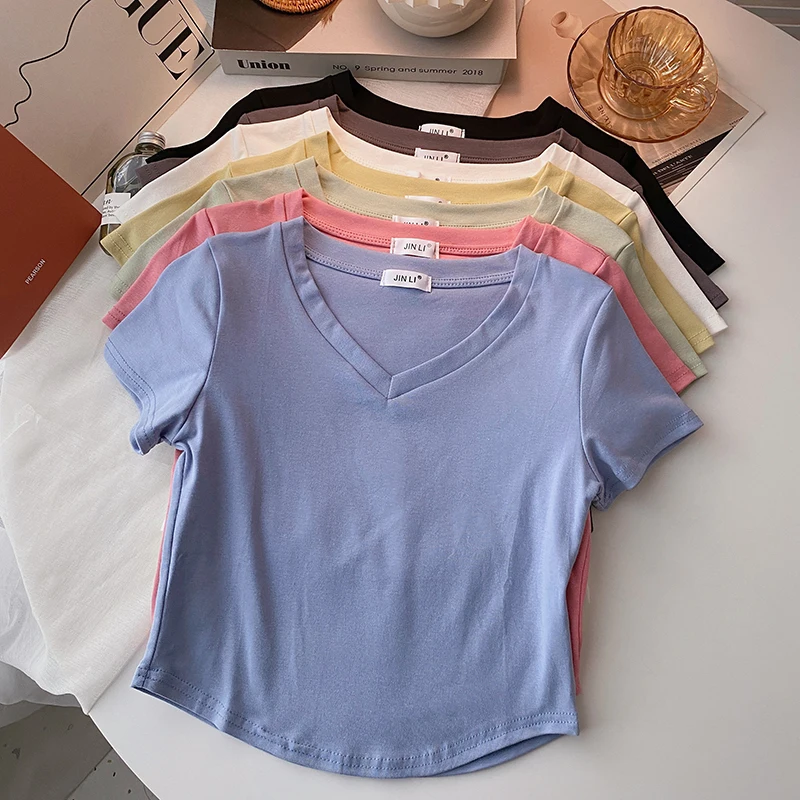 

Short solid color V-neck short-sleeved T-shirt women summer 2022 new Korean slim fit and slim top casual t shirt for women tees