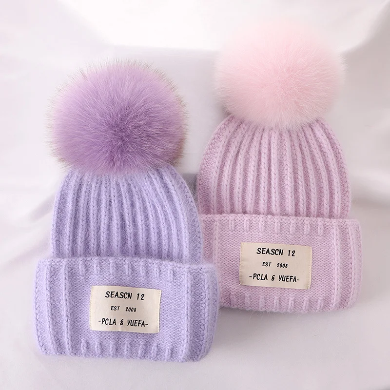 2023 Winter Fox Fur Pompom Hat for Women Soft Warm Rabbit Fur Beanies Fashion Solid Color Angora Knitted Hat Skullies Hat