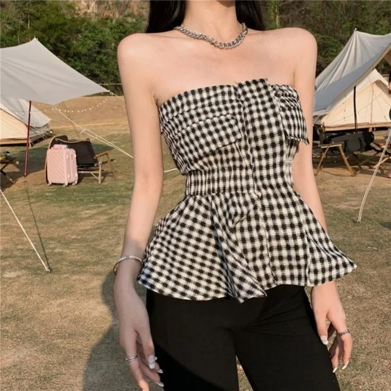 

Tanks Women Plaid Sexy Summer Slim All-match Design Retro Chic Fashion Lady New Korean Elegant Crop Tops Simple Backless Holiday