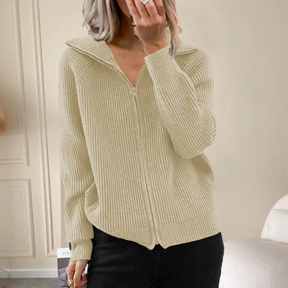 

Trendy Women Knitwear Loose Fit Knitting Outerwear Long Sleeves Solid Color Zipper Knitted Sweater Coat Cold Resistant