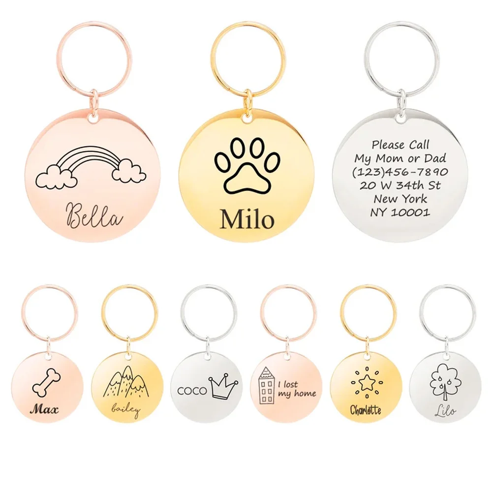 

Personalized Engraved Symbol Pattern Name Keychain Pet Key Chain Custom Stainless Steel Car Key Anti-lost Round Pendant Keychain