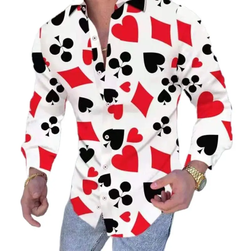 

2022 Spring Men's Long Sleeve Shirts Men's Casual Slim Top 3D Printing Party Club Luxury Playing Cards Patchwork Shirts