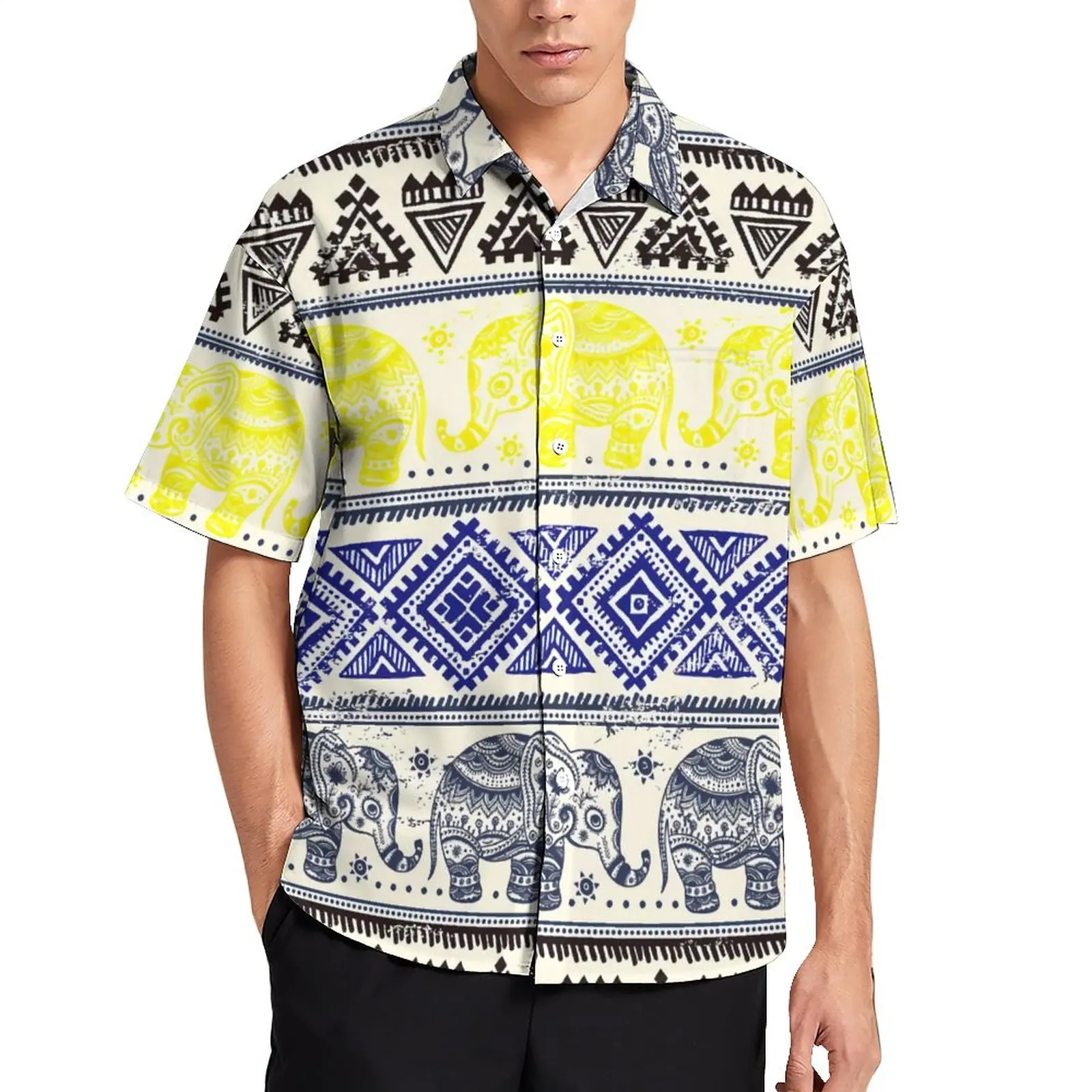 

Vintage Elephant 80S Loose Shirt Beach Tribal African Draw Casual Shirts Hawaiian Graphic Short-Sleeve Vintage Oversized Blouses