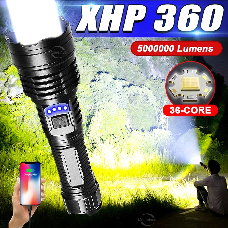 

500000LM XHP360 Most Powerful Flashlight Rechargeable Torch Light High Power LED Flashlights 26650 Zoom Power Bank Hand Lanterrn