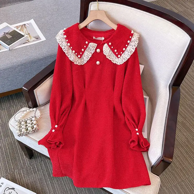 

4XL Large Size Women Elegant Vintage Party Autumn Dress Vestido Long Sleeve Lace Beading Red Black Short Dresses Robe