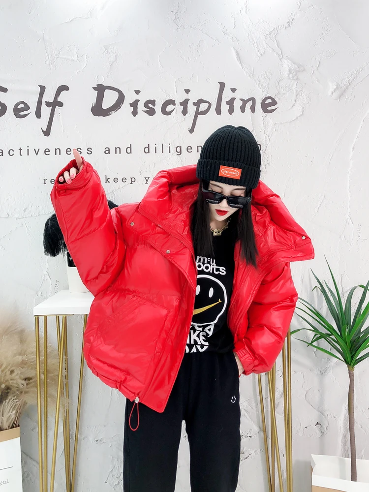 Top Quality Fashion Winter Jacket Women Candy Color Casual All-Match Multi-Pocket Bread Coat For Women Shiny Big Hooded Parkas