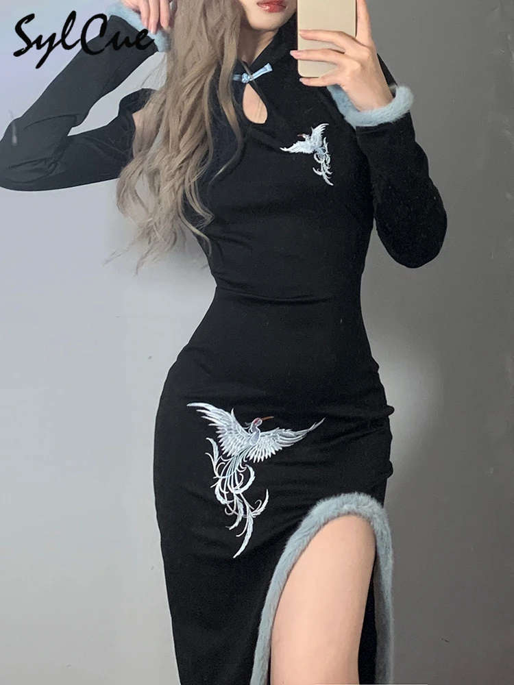 

Платье-Ципао женское стройнящее, с разрезом, с китайскими элементами