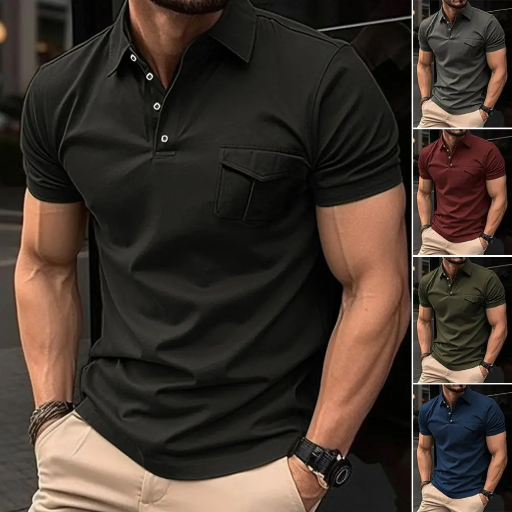 

Men Summer Shirt Lapel Short Sleeves Buttons Pocket Decor Slim Fit Business Shirt Soft Breathable Casual Men Top Men's Clothing